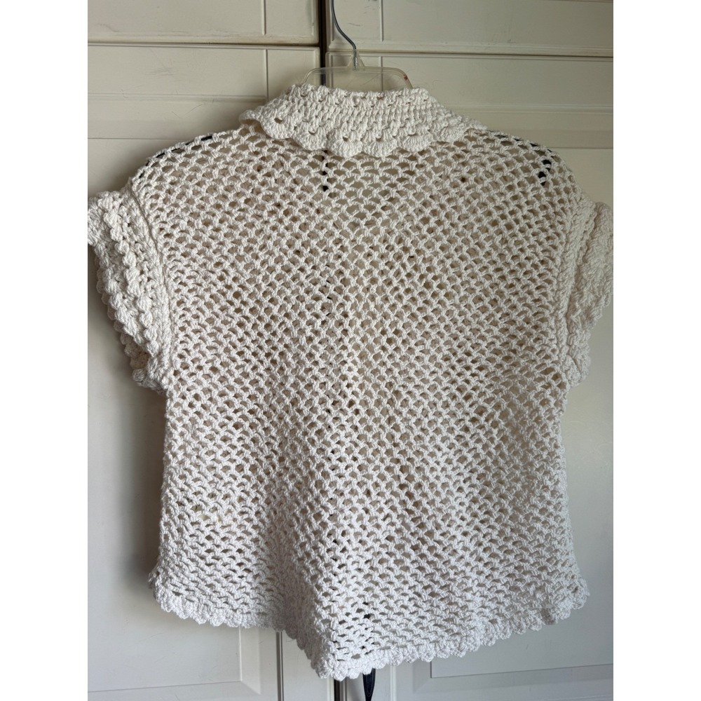 Free People Ivory Crochet Knit Button Front Top Scalloped Collar Womens Small - Picture 3 of 9